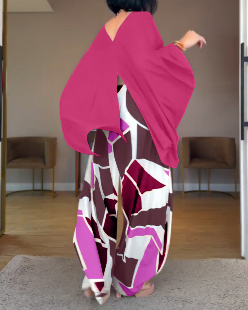 Cold Shoulder Batwing Sleeve Top and Colorblock Wide Leg Pants Set