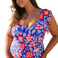 Blue Floral Print Ruffled V Neck High Waist One Piece Swimwear