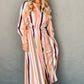 White Multicolor Striped Cuffed Sleeve Tassel Tied Shirt Maxi Dress