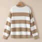 Light French Beige Colorblock Striped Drop Shoulder Side Slit Sweater