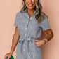 Blue Stripe Chest Pockets Buttoned Belted High Waist Romper