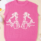 Bright Pink Western Horse Embroidered Round Neck Sweater Tee