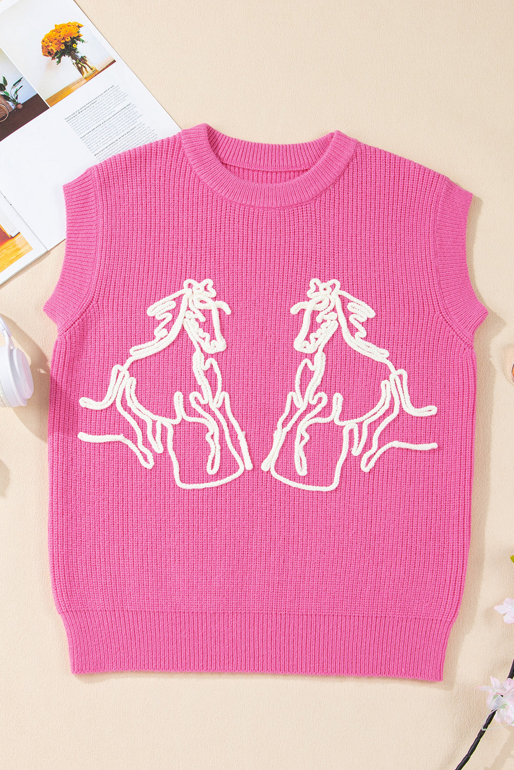 Bright Pink Western Horse Embroidered Round Neck Sweater Tee