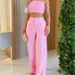 2 Pieces Outfit Weaving Textured Spaghetti Strap Crop Top and Casual Wide Leg Pants Set
