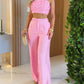 2 Pieces Outfit Weaving Textured Spaghetti Strap Crop Top and Casual Wide Leg Pants Set