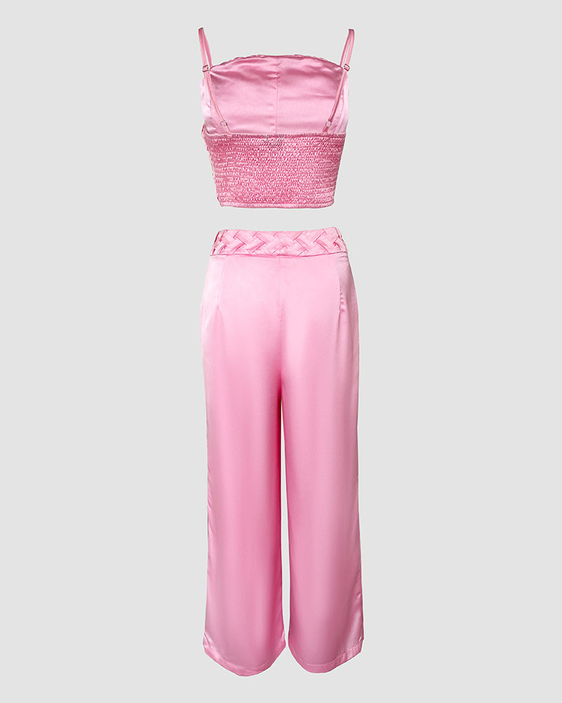 2 Pieces Outfit Weaving Textured Spaghetti Strap Crop Top and Casual Wide Leg Pants Set