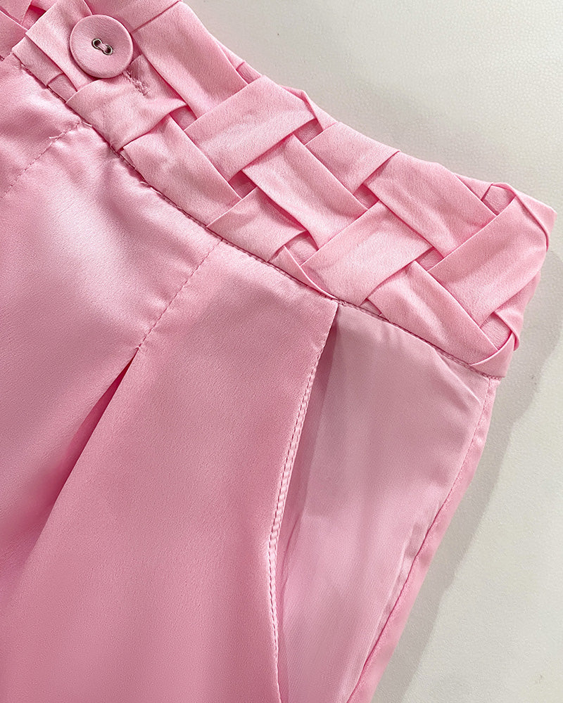 2 Pieces Outfit Weaving Textured Spaghetti Strap Crop Top and Casual Wide Leg Pants Set