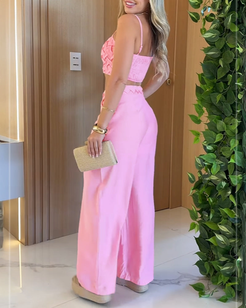 2 Pieces Outfit Weaving Textured Spaghetti Strap Crop Top and Casual Wide Leg Pants Set