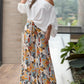 2 Pieces Outfits Cold Shoulder Batwing Sleeve Top amd Casual Floral Print Pocket Design Wide Leg Pants Set