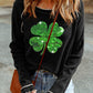 Black Sequin Four Leaf Clover Contrast Lettuce Trim Long Sleeve Top