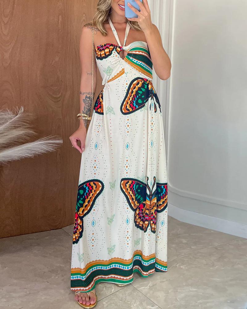Butterfly Pattern Halter Sleeveless Maxi Dress Casual Hollow out Waist A Line Dress