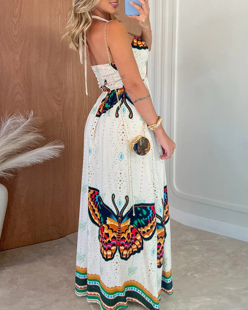 Butterfly Pattern Halter Sleeveless Maxi Dress Casual Hollow out Waist A Line Dress