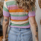 Orange Colorblock Striped Pointelle Knit V Neck Buttoned Crop Short Sleeve Sweater