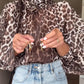Leopard Print High Neck Lantern Sleeve Casual Tied Detail Blouse