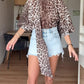 Leopard Print High Neck Lantern Sleeve Casual Tied Detail Blouse