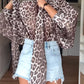 Leopard Print High Neck Lantern Sleeve Casual Tied Detail Blouse