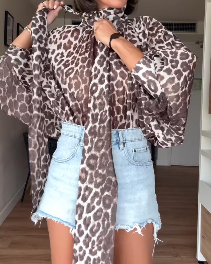 Leopard Print High Neck Lantern Sleeve Casual Tied Detail Blouse