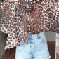 Leopard Print High Neck Lantern Sleeve Casual Tied Detail Blouse