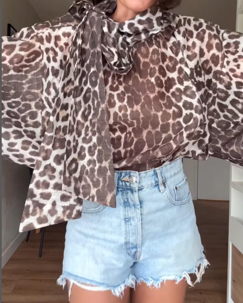 Leopard Print High Neck Lantern Sleeve Casual Tied Detail Blouse