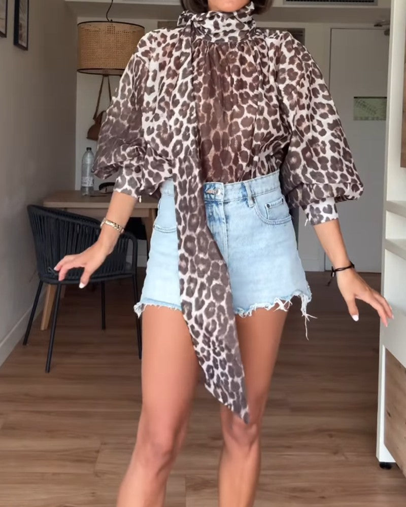 Leopard Print High Neck Lantern Sleeve Casual Tied Detail Blouse