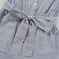 Blue Stripe Chest Pockets Buttoned Belted High Waist Romper