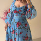 Floral Print Contrast Lace Lantern Sleeve Plunge V Neck Dress Casual Back Shirred A Line Flowy Maxi Dress