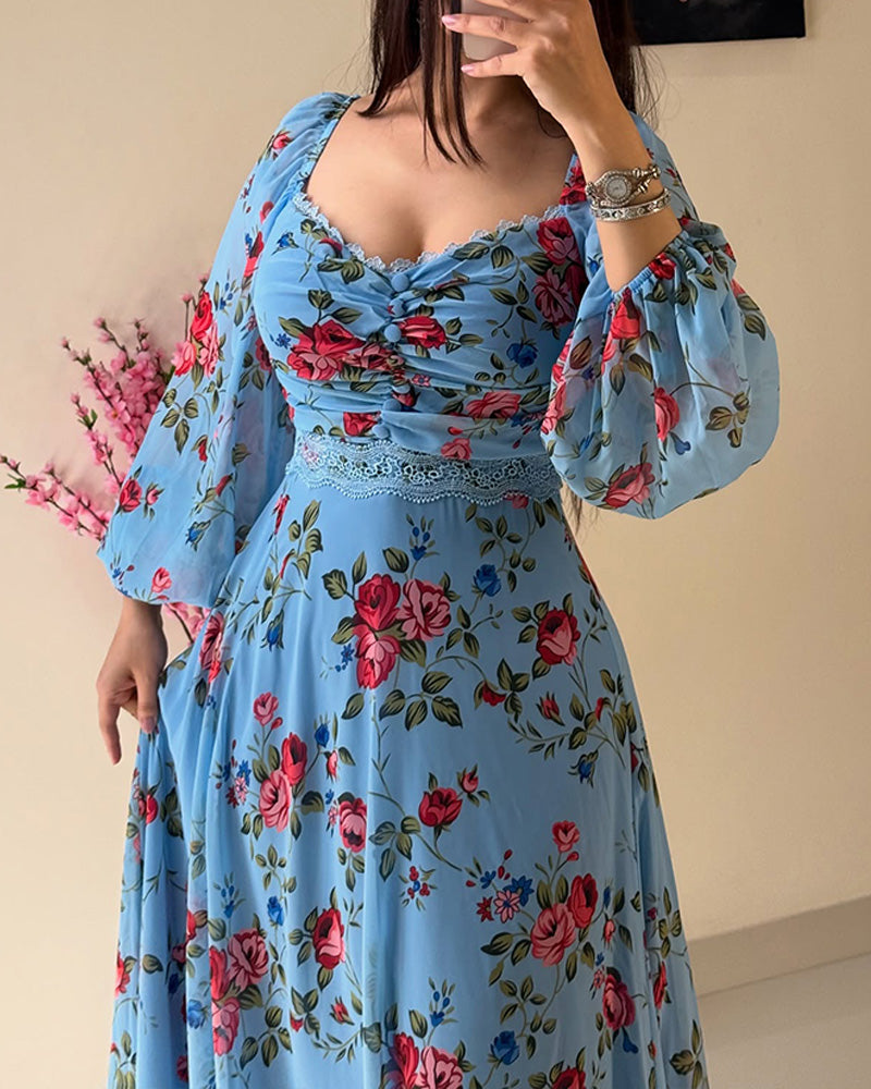 Floral Print Contrast Lace Lantern Sleeve Plunge V Neck Dress Casual Back Shirred A Line Flowy Maxi Dress
