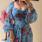 Floral Print Contrast Lace Lantern Sleeve Plunge V Neck Dress Casual Back Shirred A Line Flowy Maxi Dress