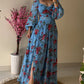 Floral Print Contrast Lace Lantern Sleeve Plunge V Neck Dress Casual Back Shirred A Line Flowy Maxi Dress