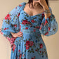 Floral Print Contrast Lace Lantern Sleeve Plunge V Neck Dress Casual Back Shirred A Line Flowy Maxi Dress