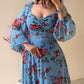 Floral Print Contrast Lace Lantern Sleeve Plunge V Neck Dress Casual Back Shirred A Line Flowy Maxi Dress