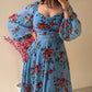 Floral Print Contrast Lace Lantern Sleeve Plunge V Neck Dress Casual Back Shirred A Line Flowy Maxi Dress