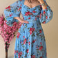 Floral Print Contrast Lace Lantern Sleeve Plunge V Neck Dress Casual Back Shirred A Line Flowy Maxi Dress