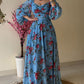 Floral Print Contrast Lace Lantern Sleeve Plunge V Neck Dress Casual Back Shirred A Line Flowy Maxi Dress