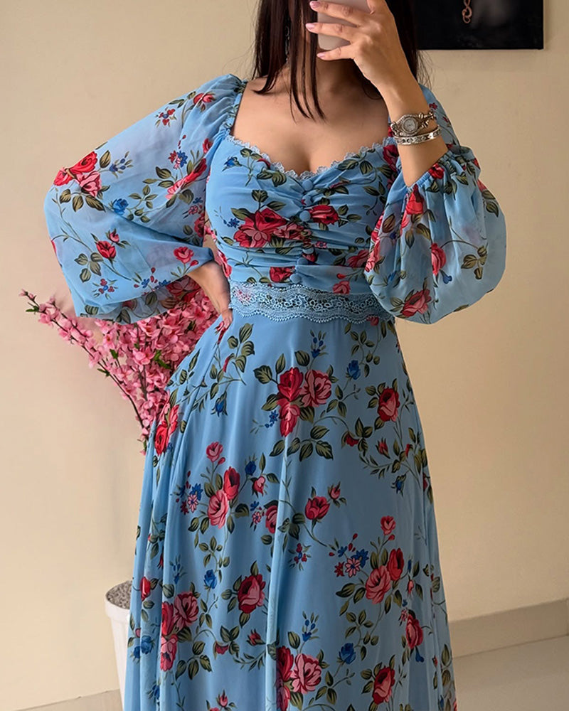 Floral Print Contrast Lace Lantern Sleeve Plunge V Neck Dress Casual Back Shirred A Line Flowy Maxi Dress