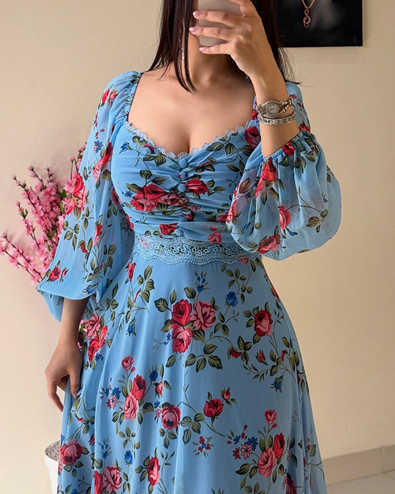 Floral Print Contrast Lace Lantern Sleeve Plunge V Neck Dress Casual Back Shirred A Line Flowy Maxi Dress