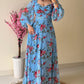 Floral Print Contrast Lace Lantern Sleeve Plunge V Neck Dress Casual Back Shirred A Line Flowy Maxi Dress