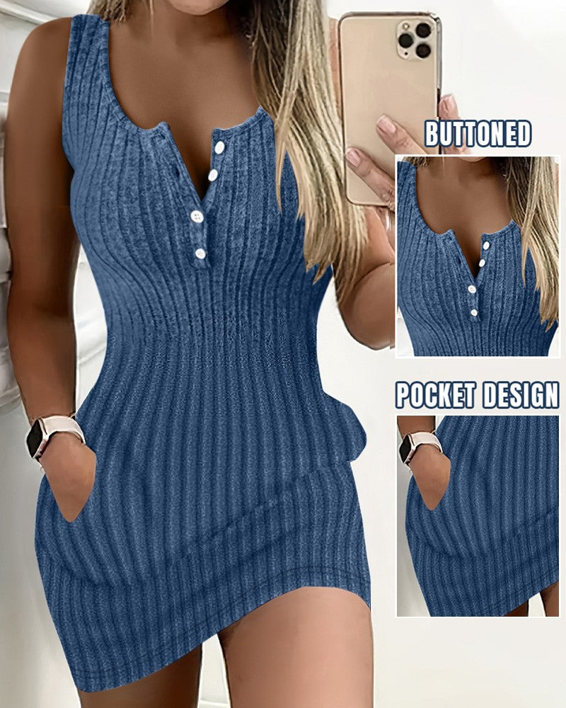 Pocket Design Ribbed Tank Dress Sleeveless Button Front Pullover Bodycon Mini Dresses