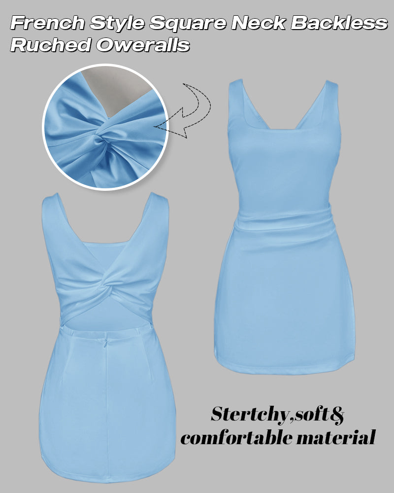 French Style Square Neck Backless Ruched Overalls Twist Back Slim Fit Faux Two Piece Skort Romper