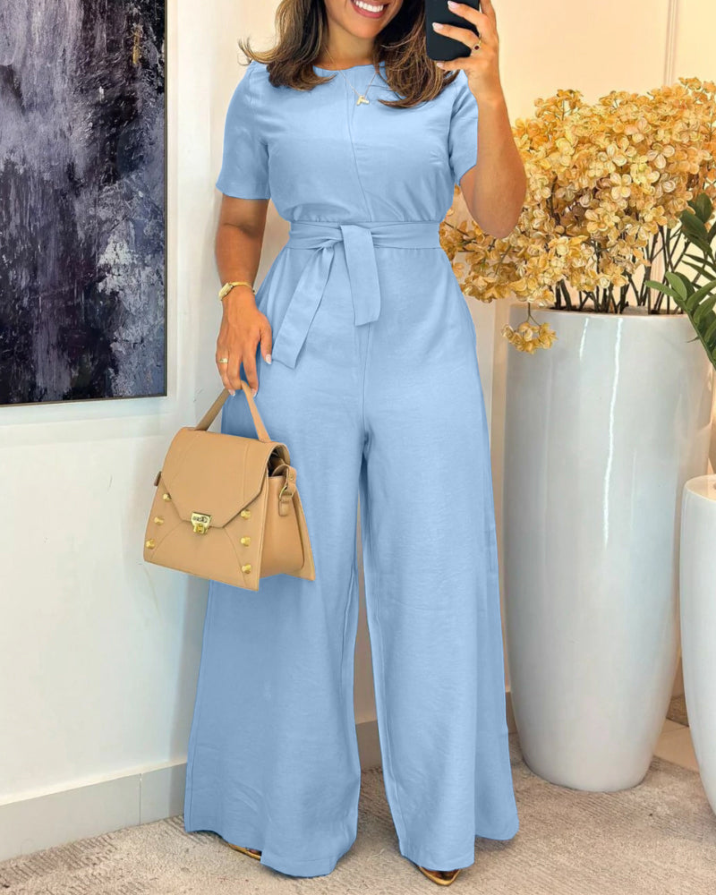Round Neck Short Sleeve Tied Detail Wide Leg Casual Jumpsuit
