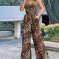 Leopard Print Bandeau Sleeveless Jumpsuit Casual Pocket Design Wide Leg Romper