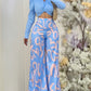 2 Pieces Outfit Turn down Collar Puff Sleeve Twist Crop Top and Casual Abstract Print Elastic Back Waist High Waist Wide Leg Pants Set