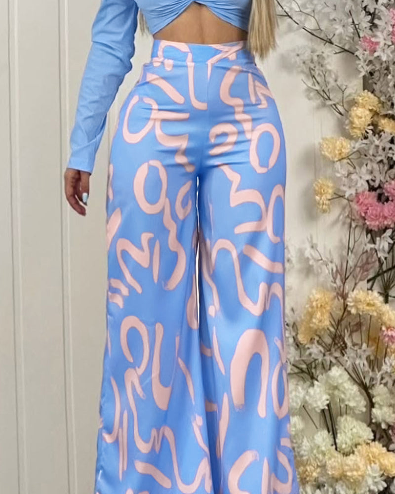 2 Pieces Outfit Turn down Collar Puff Sleeve Twist Crop Top and Casual Abstract Print Elastic Back Waist High Waist Wide Leg Pants Set
