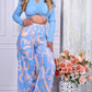 2 Pieces Outfit Turn down Collar Puff Sleeve Twist Crop Top and Casual Abstract Print Elastic Back Waist High Waist Wide Leg Pants Set