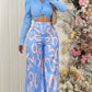 2 Pieces Outfit Turn down Collar Puff Sleeve Twist Crop Top and Casual Abstract Print Elastic Back Waist High Waist Wide Leg Pants Set