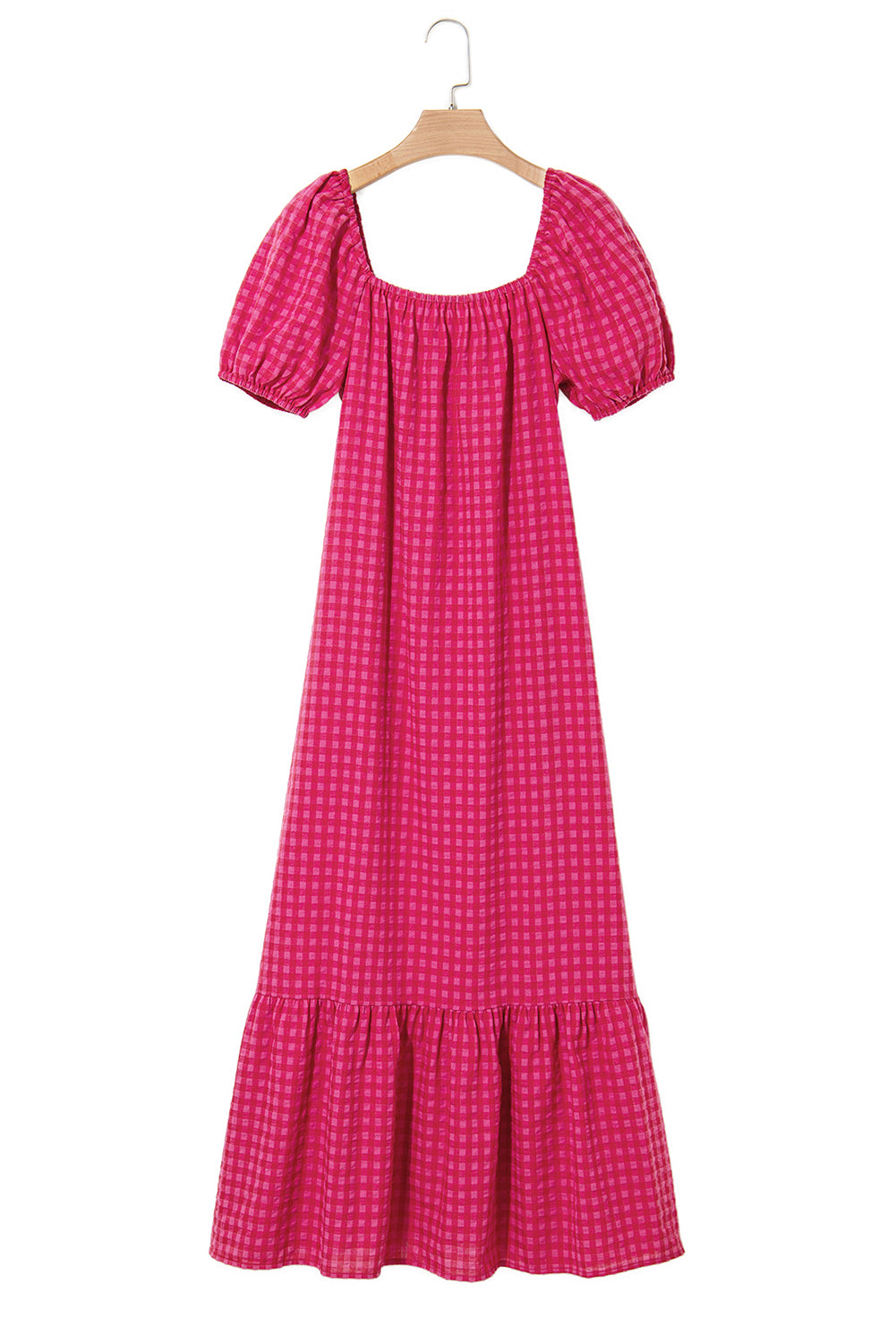 Rose Ginham Check Bubble Sleeve Ruffled Maxi Dress