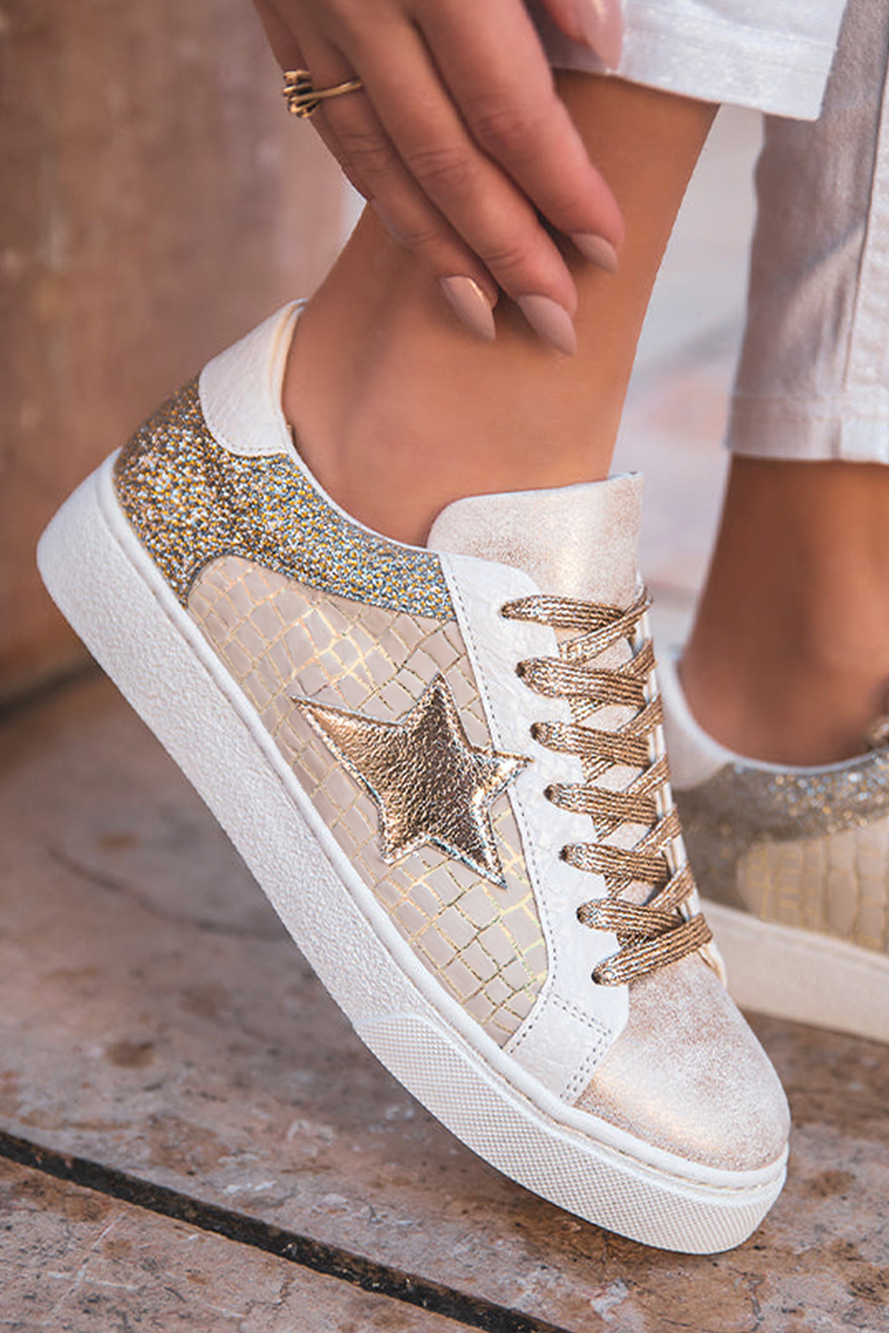 Gold Glitter Star Patchwork PU Leather Lace-up Sneakers