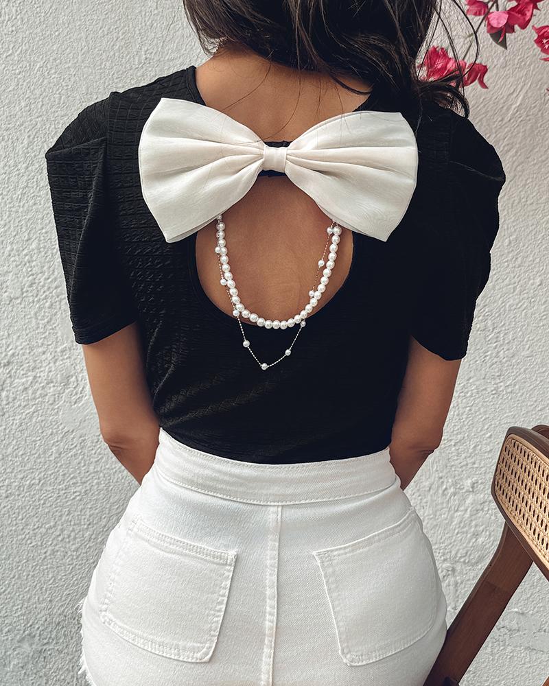 Bowknot Design Pearls Strap T Shirt