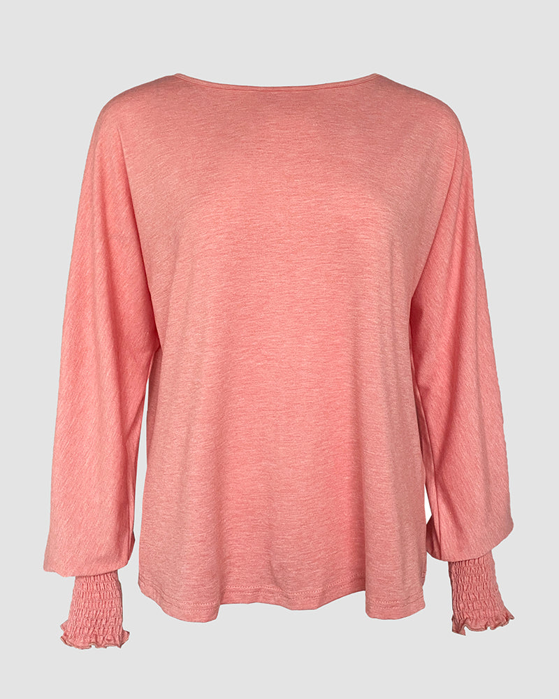 Round Neck Shirred Lantern Sleeve Long Sleeve Softy Basic T Shirt Casual Tee
