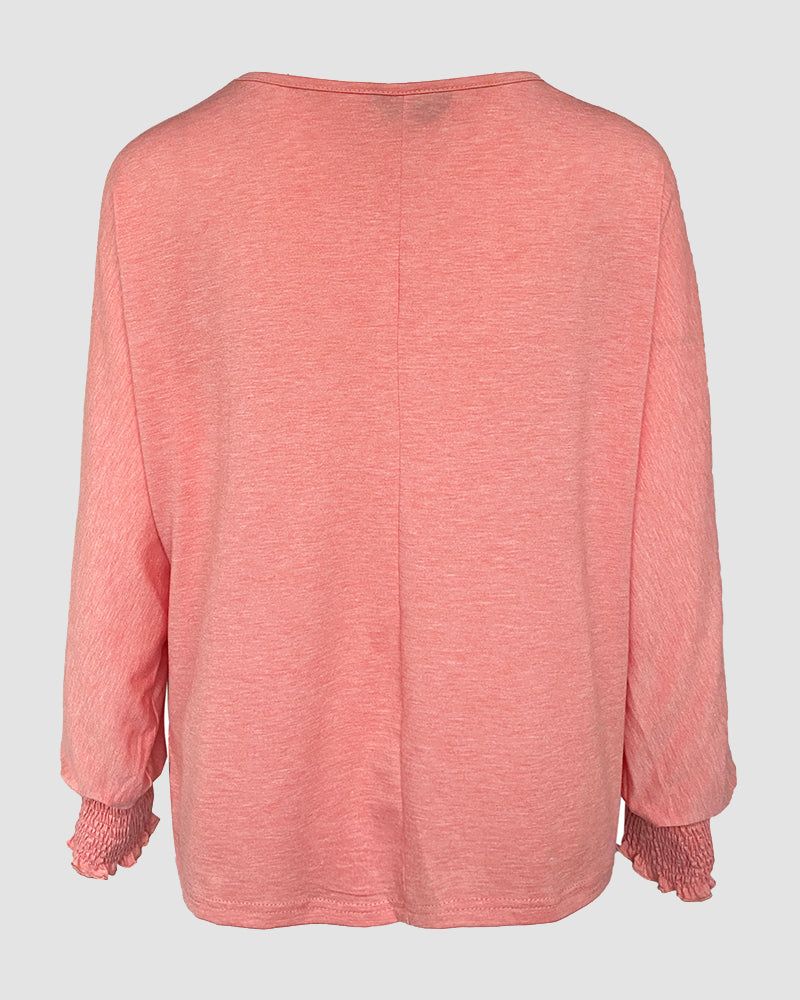 Round Neck Shirred Lantern Sleeve Long Sleeve Softy Basic T Shirt Casual Tee